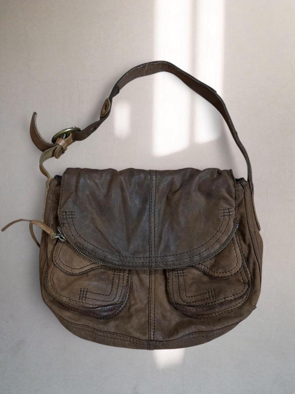 Y2K Lucky Brand “Abbey Road” Fold-over Brown Genuine Leather Shoulder Bag